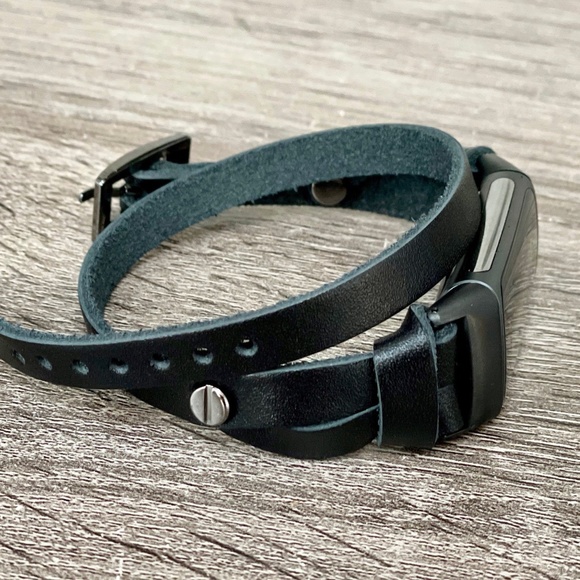 Double Wrap Black Leather Band for Fitbit Charge 5 Tracker Women Strap Bracelet - Picture 5 of 8